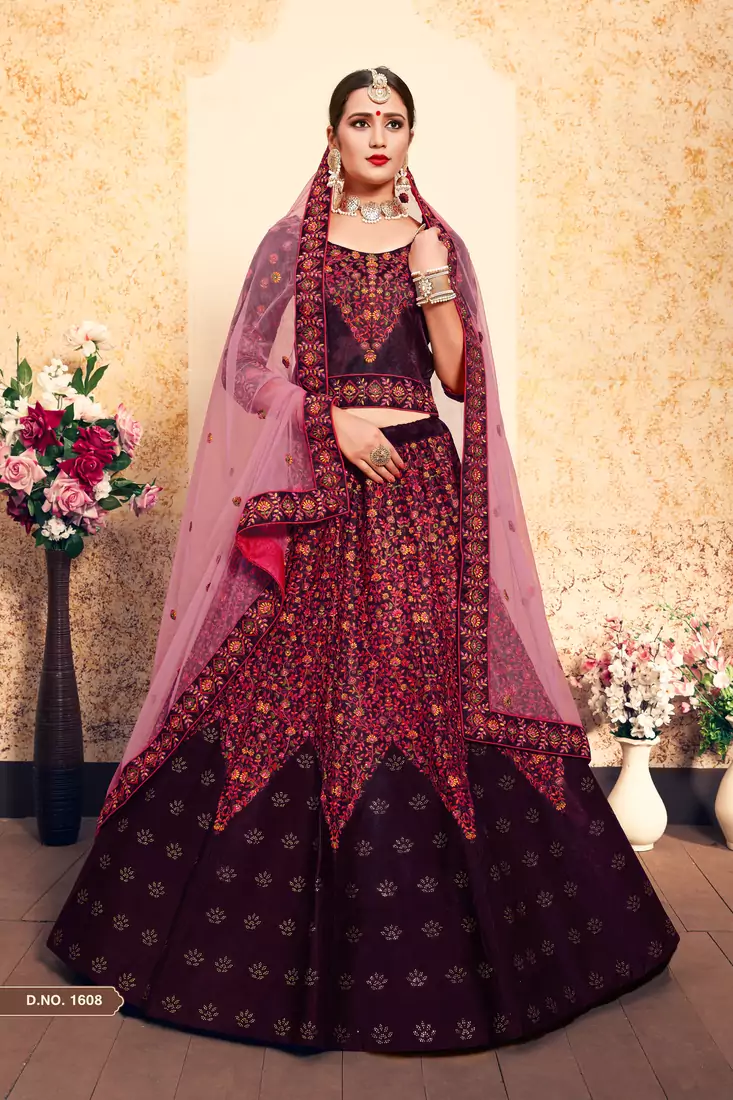 Brown Embroidered Satin Semi Stitched wedding lehenga