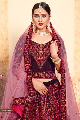 Glamorous Brown Thread Embroidered Swarovski and Stone Work Satin Semi Stitched wedding Lehenga 2