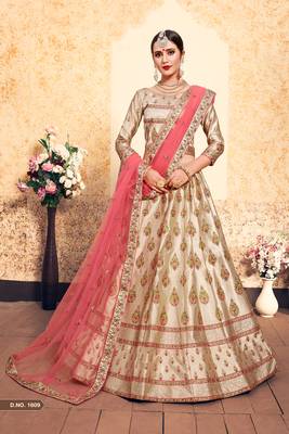 Tortilla Brown Thread Embroidered With Swarovski and Stone Work Satin Semi Stitched Wedding Lehenga 1