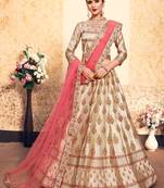 Tortilla Brown Thread Embroidered With Swarovski and Stone Work Satin Semi Stitched Wedding Lehenga