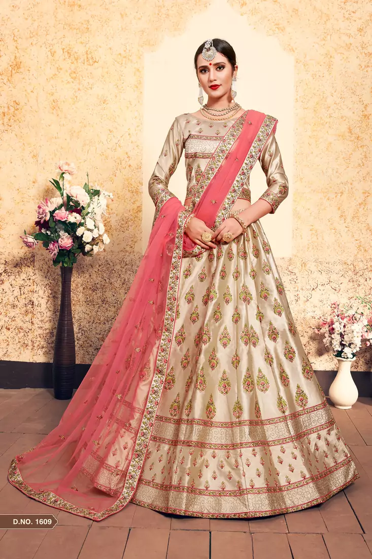 Brown Thread Embroidered Satin Semi Stitched Bridal lehenga