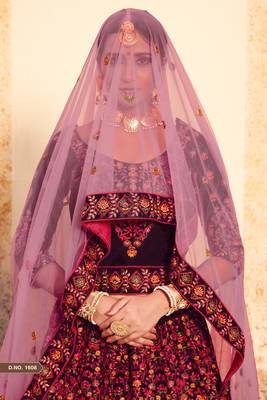 Glamorous Brown Thread Embroidered Swarovski and Stone Work Satin Semi Stitched wedding Lehenga 4