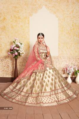 Tortilla Brown Thread Embroidered With Swarovski and Stone Work Satin Semi Stitched Wedding Lehenga 3