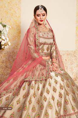 Tortilla Brown Thread Embroidered With Swarovski and Stone Work Satin Semi Stitched Wedding Lehenga 4