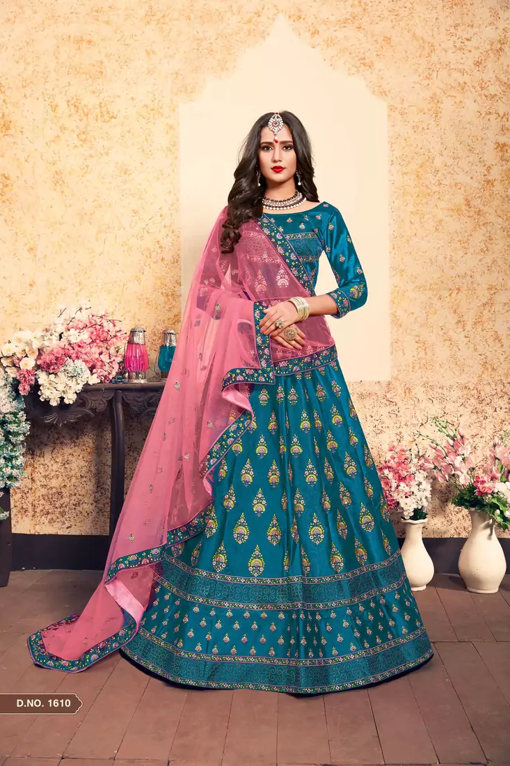 Sky Blue Embroidered Satin Semi Stitched wedding lehenga