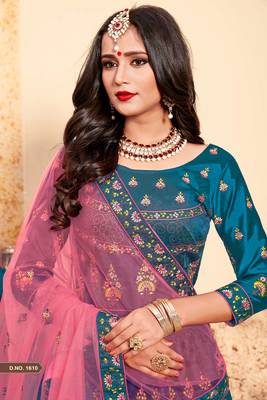 Sky Blue Thread Embroidered With Swarovski and Stone Work Satin Semi Stitched Bridal Lehenga 2