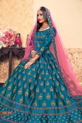 Sky Blue Thread Embroidered With Swarovski and Stone Work Satin Semi Stitched Bridal Lehenga 3