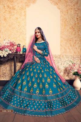 Sky Blue Thread Embroidered With Swarovski and Stone Work Satin Semi Stitched Bridal Lehenga 4