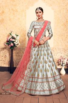 Grey Embroidered Satin Semi Stitched wedding lehenga
