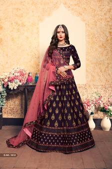 Wine Embroidered Satin Unstitched Lehenga With Dupatta