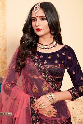 Wine Thread Embroidered With Swarovski and Stone Work Satin Semi Stitched Lehenga Choli With Dupatta 2