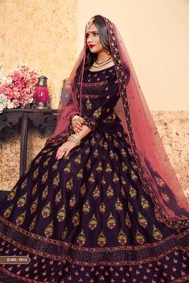 Wine Thread Embroidered With Swarovski and Stone Work Satin Semi Stitched Lehenga Choli With Dupatta 3