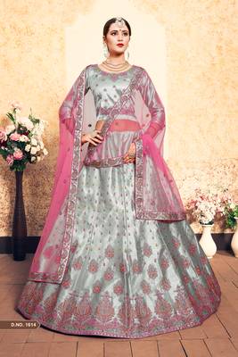 Grey Thread Embroidered With Stone work Satin Bridal Lehenga choli 1