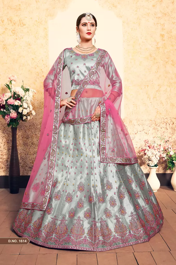 Grey Embroidered Satin Semi Stitched wedding lehenga