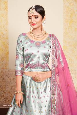 Grey Thread Embroidered With Stone work Satin Bridal Lehenga choli 2
