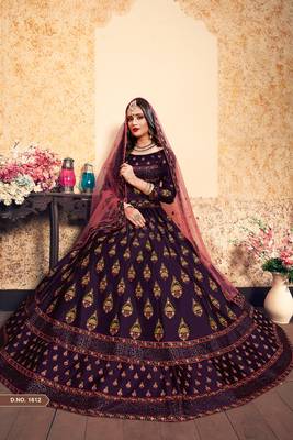 Wine Thread Embroidered With Swarovski and Stone Work Satin Semi Stitched Lehenga Choli With Dupatta 4