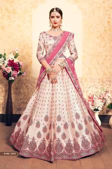 Peach Embroidered Satin Unstitched Lehenga With Dupatta