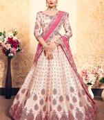 Peach Thread Embroidered With Stone work Satin Satin Semi Stitched Lehenga With Dupatta