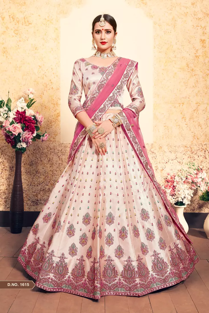 Peach Embroidered Satin Unstitched Lehenga With Dupatta