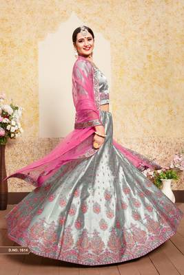 Grey Thread Embroidered With Stone work Satin Bridal Lehenga choli 3