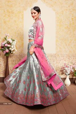 Grey Thread Embroidered With Stone work Satin Bridal Lehenga choli 4