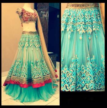 blue color heavy thread work net fabric bollywood style unstiched lehenga with dupatta 1