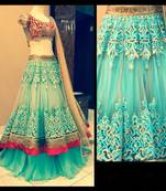 blue color heavy thread work net fabric bollywood style unstiched lehenga with dupatta