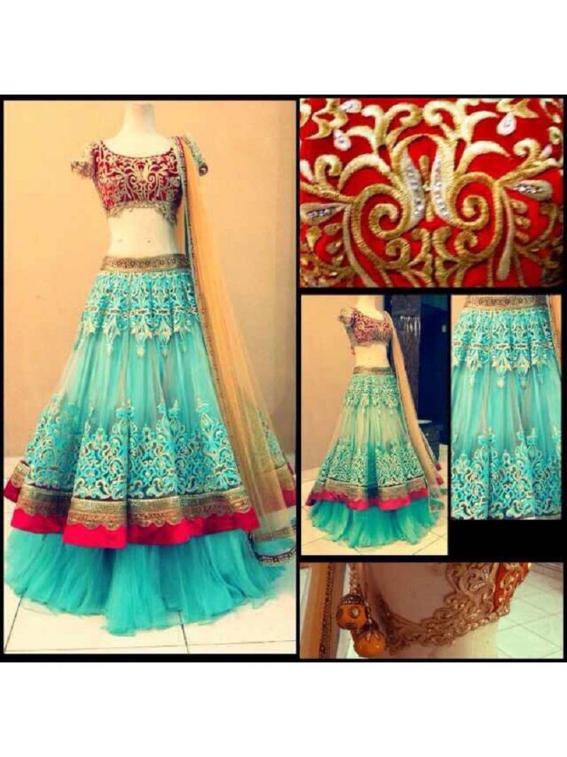 blue color heavy thread work net fabric bollywood style unstiched lehenga with dupatta