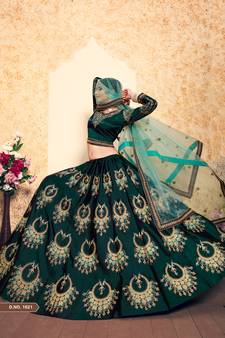 Dark Green Embroidered Satin Semi Stitched wedding lehenga