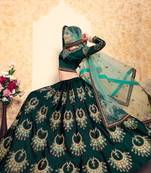 Dark Green Resham and Zari Embroidered Satin Semi Stitched wedding Lehenga