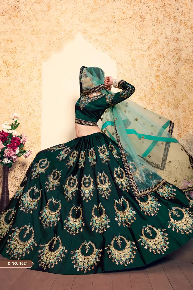 Dark Green Embroidered Satin Semi Stitched wedding lehenga