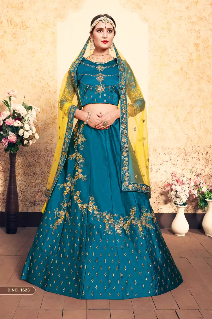 Sky Blue Embroidered Satin Semi Stitched wedding lehenga