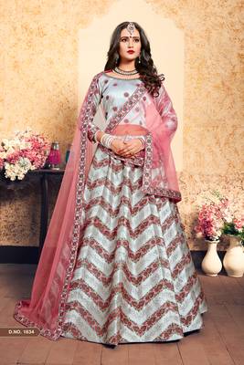 Grey Thread Embroidered With Stone and Swarovski Work Satin Semi Stitched wedding Lehenga 1