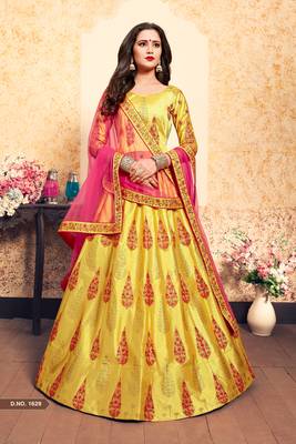Phenomenal Yellow Thread Embroidered Satin Semi Stitched Bridal Lehenga 1