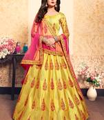 Phenomenal Yellow Thread Embroidered Satin Semi Stitched Bridal Lehenga