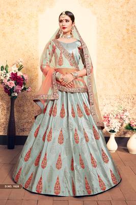 Marvelous Grey Thread Embroidered Satin Semi Stitched Lehenga 1