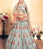 Marvelous Grey Thread Embroidered Satin Semi Stitched Lehenga