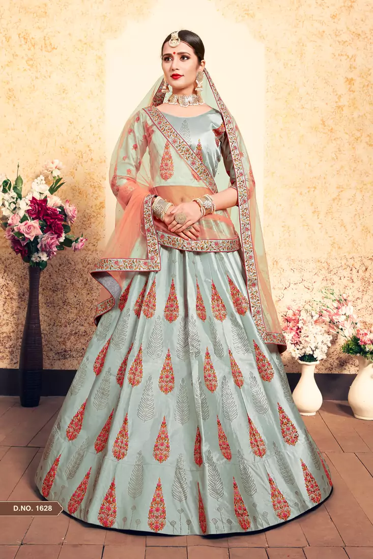 Grey Embroidered Satin Semi Stitched wedding lehenga