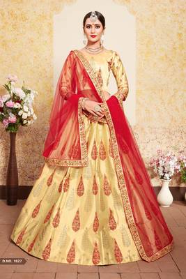 Fantastic Beige Thread Embroidered Satin Semi Stitched Party Lehenga 1