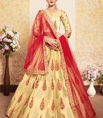 Fantastic Beige Thread Embroidered Satin Semi Stitched Party Lehenga
