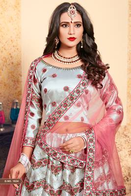 Grey Thread Embroidered With Stone and Swarovski Work Satin Semi Stitched wedding Lehenga 2