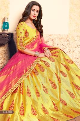 Phenomenal Yellow Thread Embroidered Satin Semi Stitched Bridal Lehenga 2