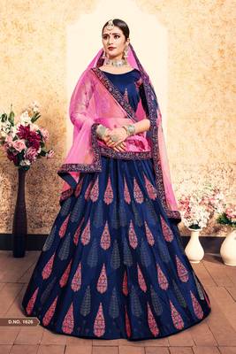 Mesmerizing Navy Blue Thread Embroidered Satin Semi Stitched wedding Lehenga 1