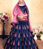 Mesmerizing Navy Blue Thread Embroidered Satin Semi Stitched wedding Lehenga