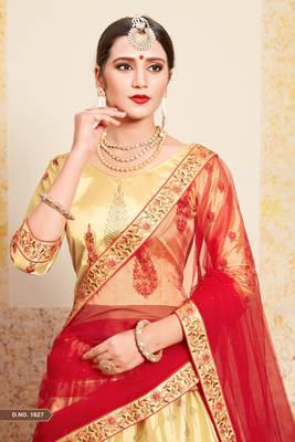 Fantastic Beige Thread Embroidered Satin Semi Stitched Party Lehenga 2