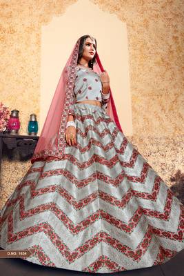 Grey Thread Embroidered With Stone and Swarovski Work Satin Semi Stitched wedding Lehenga 3