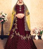 Maroon Resham and Zari Embroidered Satin Semi Stitched wedding lehenga