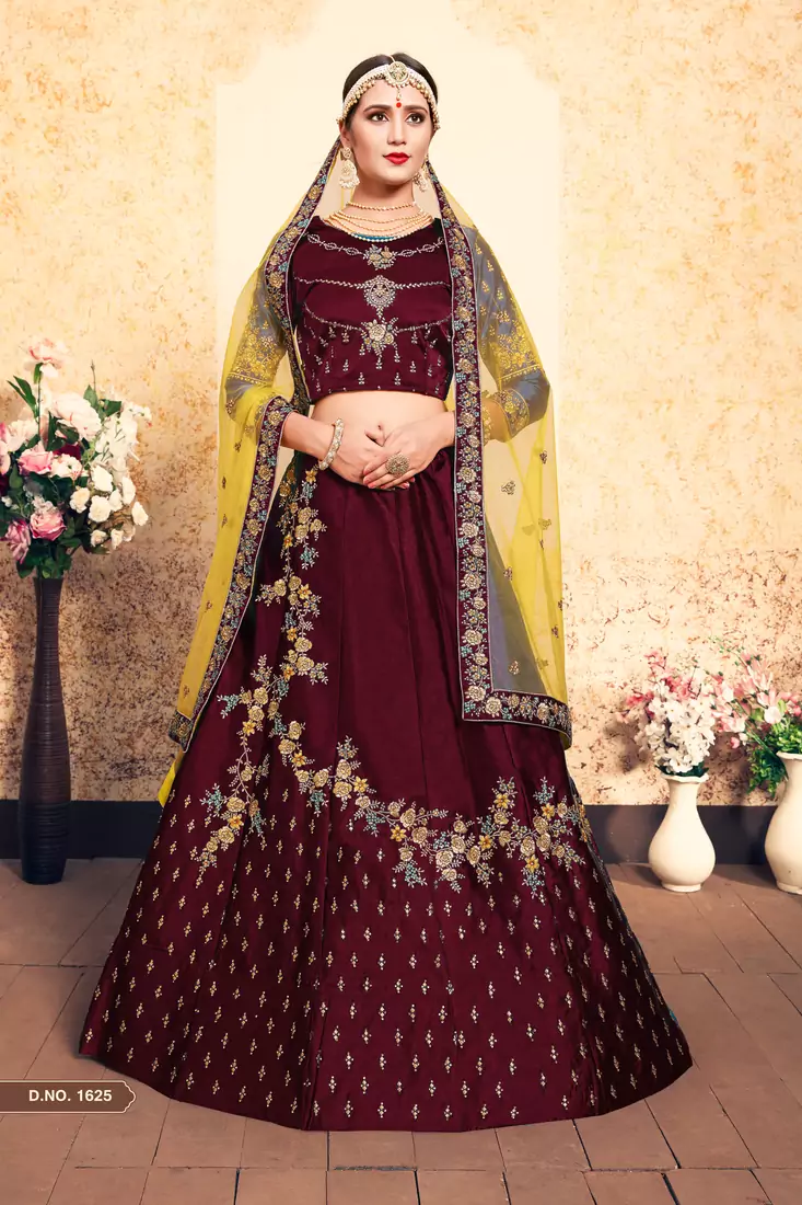 Maroon Embroidered Satin Semi Stitched wedding lehenga