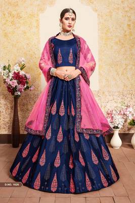 Mesmerizing Navy Blue Thread Embroidered Satin Semi Stitched wedding Lehenga 2