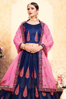 Mesmerizing Navy Blue Thread Embroidered Satin Semi Stitched wedding Lehenga 3